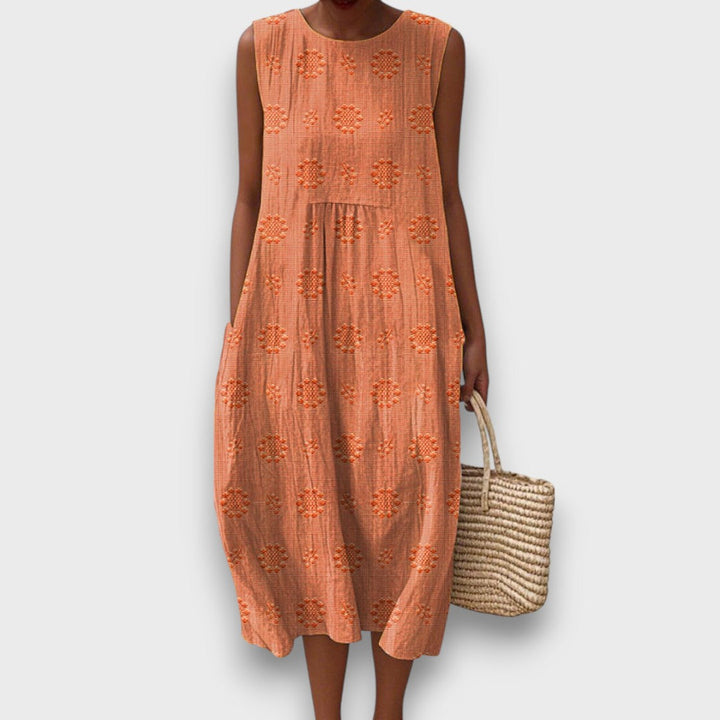 Serava – Embroidered Midi Dress with Side Pockets