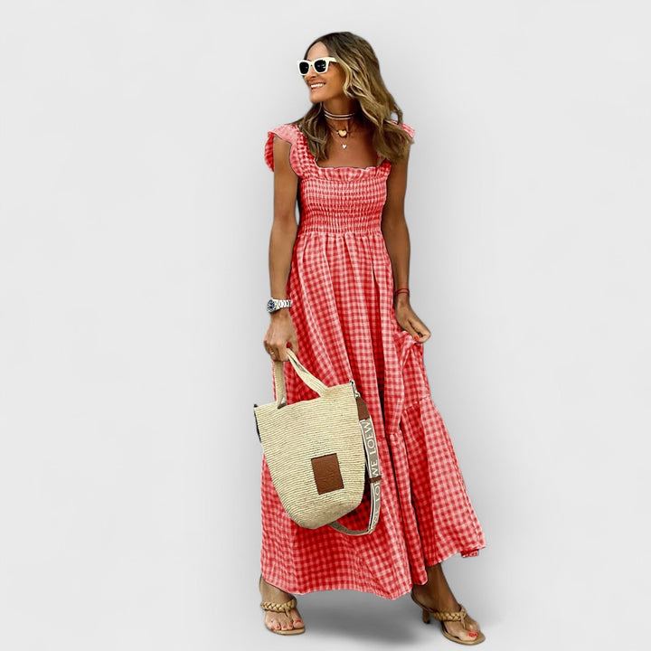Belle | Plaid Ruffle-Sleeve Smocked Maxi Dress