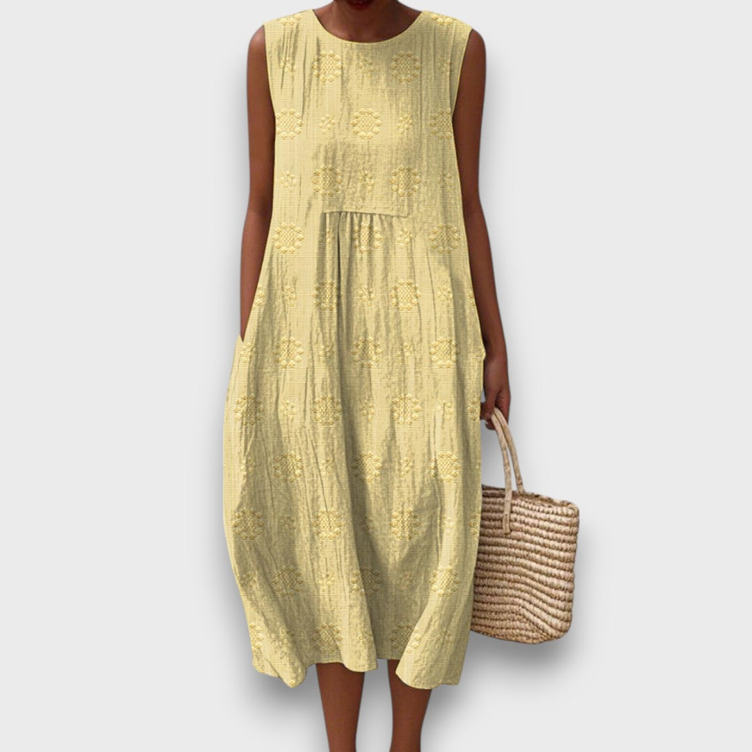 Serava – Embroidered Midi Dress with Side Pockets