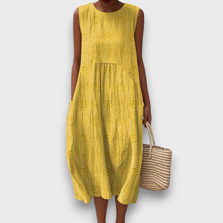 Serava – Embroidered Midi Dress with Side Pockets