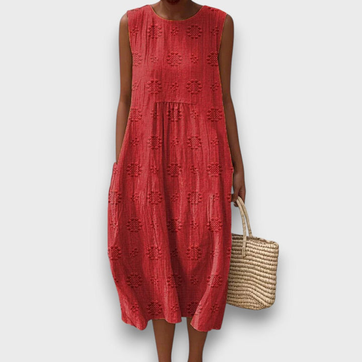 Serava – Embroidered Midi Dress with Side Pockets
