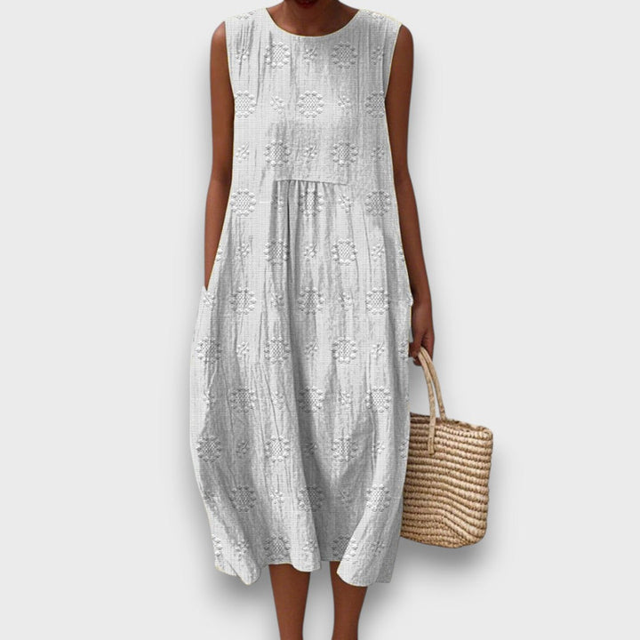 Serava – Embroidered Midi Dress with Side Pockets