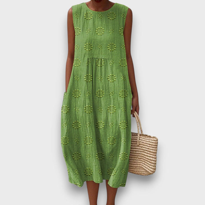 Serava – Embroidered Midi Dress with Side Pockets